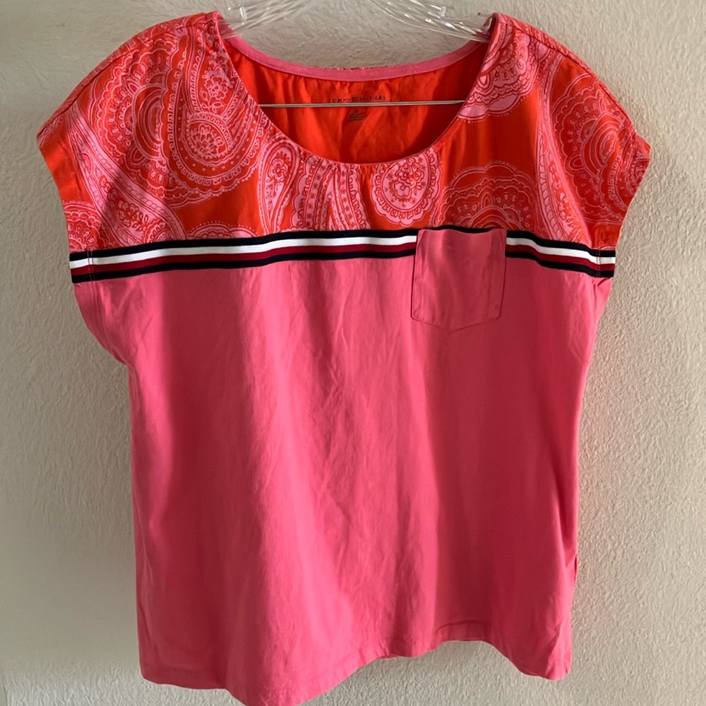 Tommy‎ Hilfiger Womens Pink & Coral Paisley Top W/ Stripe Sz L- EUC